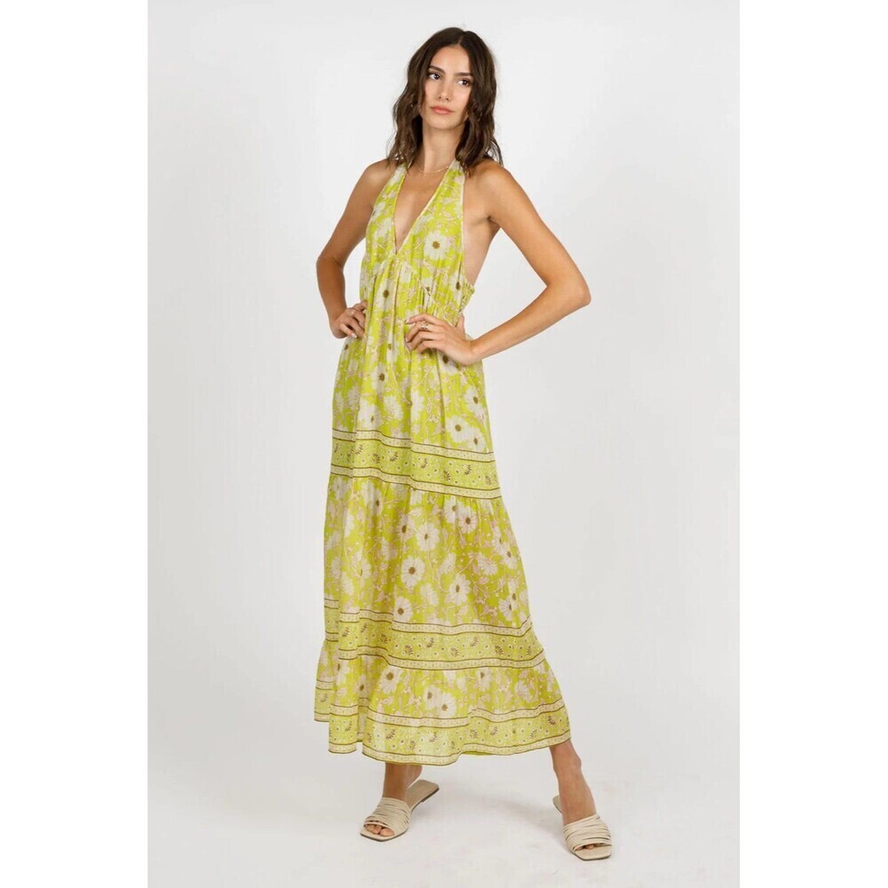 Band Of The Free Keahi Lime Halter Maxi Dress Women’s size Small Floral Summer